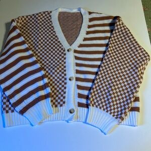 V-Neck Cardigan Striped Checked Brown/White Plaid Oversized‎ Sweater Woman XXL